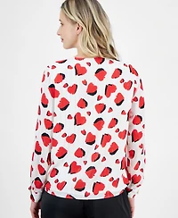 T Tahari Women's Heart-Print Faux-Wrap Long-Sleeve Blouse