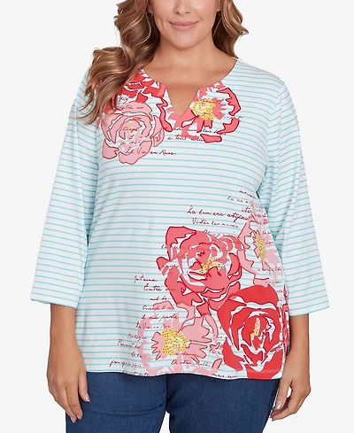Ruby Rd. Plus Size Floral Embroidered Script Stripe Top