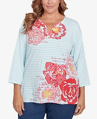Ruby Rd. Plus Size Floral Embroidered Script Stripe Top