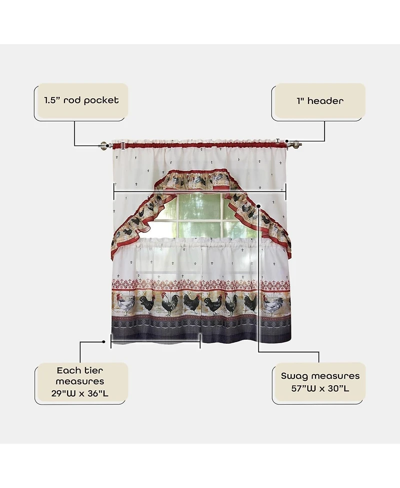 Kate Aurora Old Country Rooster Cottage Kitchen Curtain Tier & Swag Set
