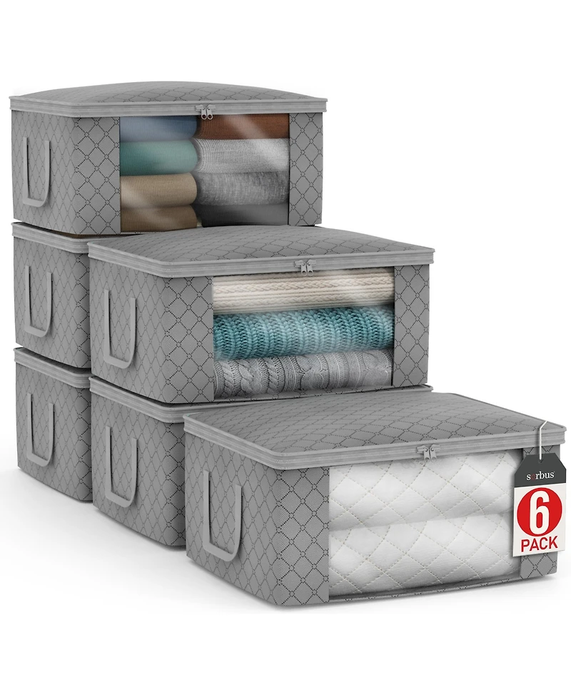 Sorbus 6 Pack Medium Foldable Clothes Storage Bags with Clear Window, Zipper Lid and Carry Handles - for Organizing Bedroom, Closet