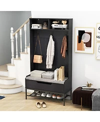 Gouun 69 Inches Tall Hall Tree 4-in-1 Coat Rack with Seat Cushion and Shoe Storage