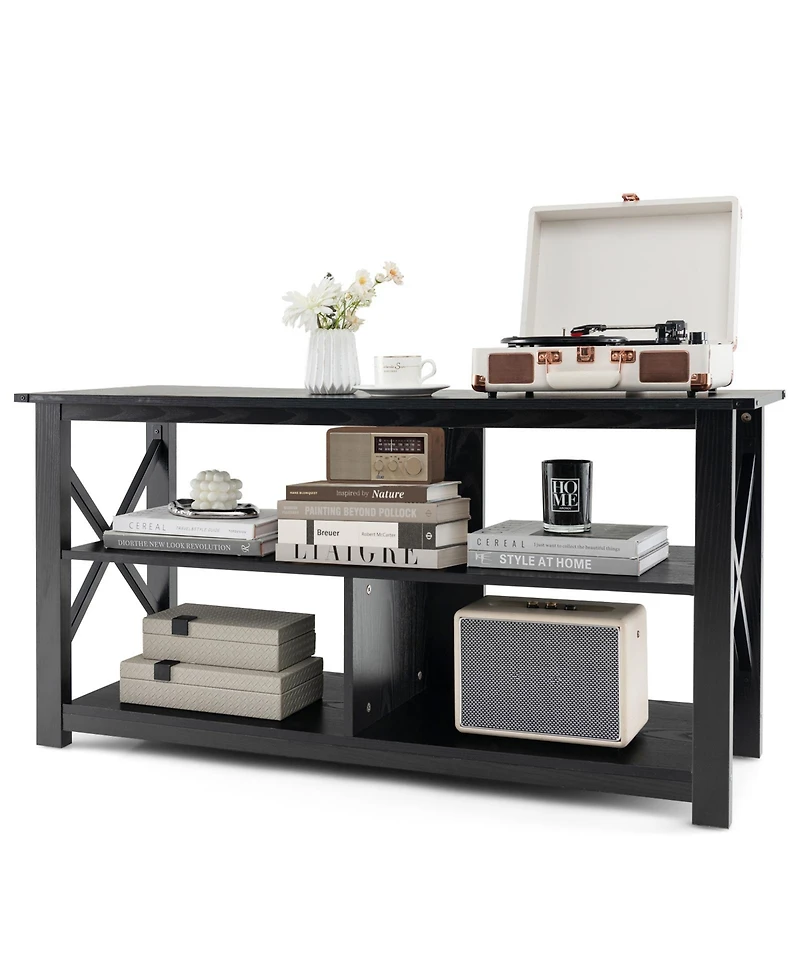Gouun 3 Tier Wood Tv Stand for 55-Inch with Open Shelves and X-Shaped Frame