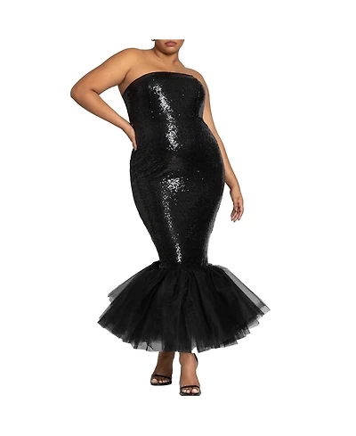 Eloquii Women's Plus Tulle Flounce Sequin Column Dress