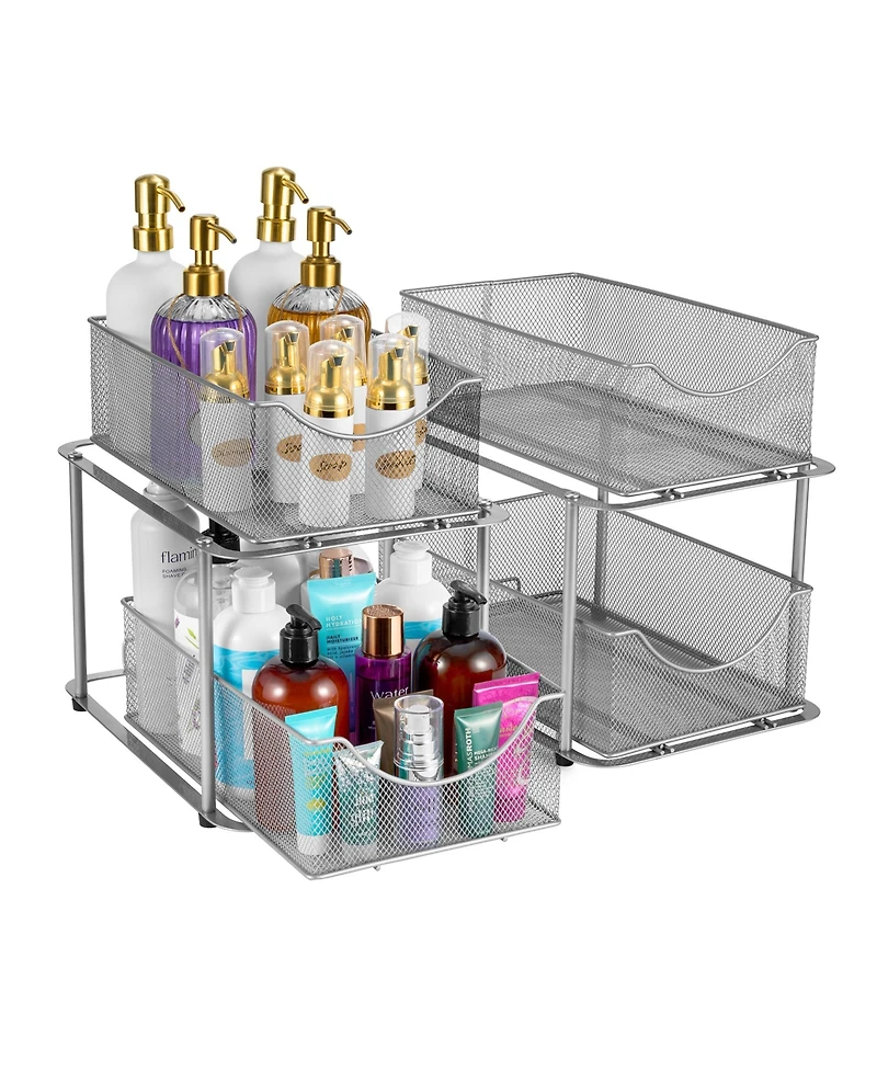 Sorbus 2 Pack 2 Tier Baskets with Mesh Sliding Drawers - Ideal Cabinet, Under the Sink, etc - Great for Bathroom, Kitchen, Office, etc. (Silver