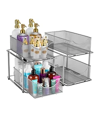 Sorbus 2 Pack 2 Tier Baskets with Mesh Sliding Drawers - Ideal Cabinet, Under the Sink, etc - Great for Bathroom, Kitchen, Office, etc. (Silver
