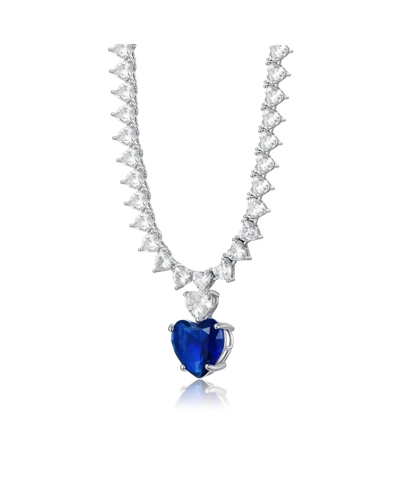Luxurious White Gold Plated Heart Tennis Necklace with Blue Heart Charm