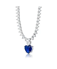 Luxurious White Gold Plated Heart Tennis Necklace with Blue Heart Charm