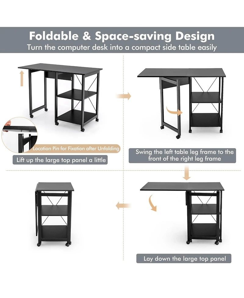 Gouun Folding Writing Office Desk with Storage Shelves