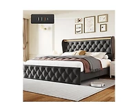 gaomon Queen Led Bed Frame with Charging Station, Velvet Upholstered Platform Bed Frame with Button Wingback Headboard, Metal Frame with No Box Spring