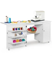 Gouun Folding Sewing Table Shelves Storage Cabinet Craft Cart with Wheels