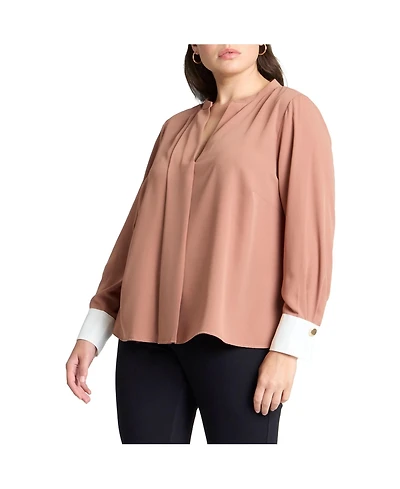 Eloquii Women's Neck Pleat Blouse With Contrast Cuff