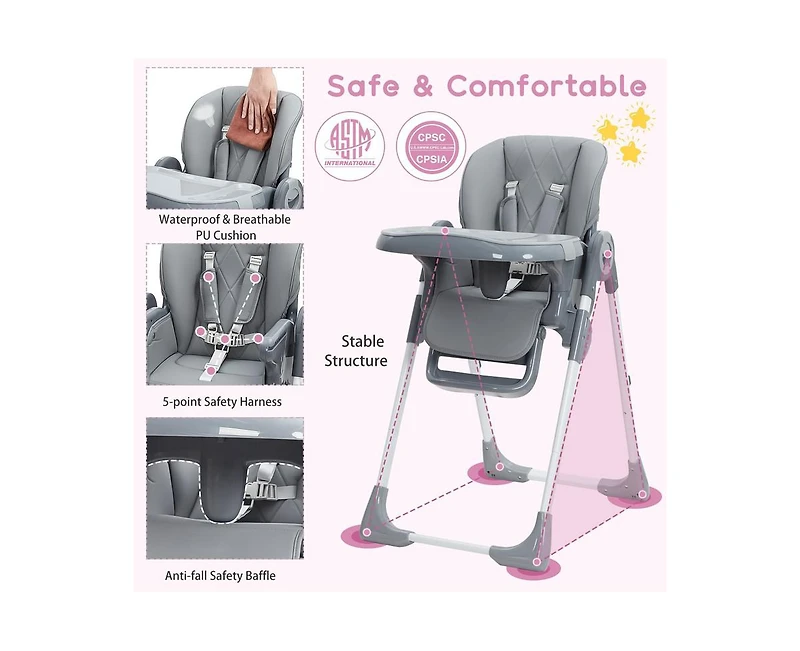 gaomon Multifunctional Baby High Chair, Foldable Infant Highchairs with Removable Tray, Adjustable Height and Recline, Easy Cleaning High Chair for Ba