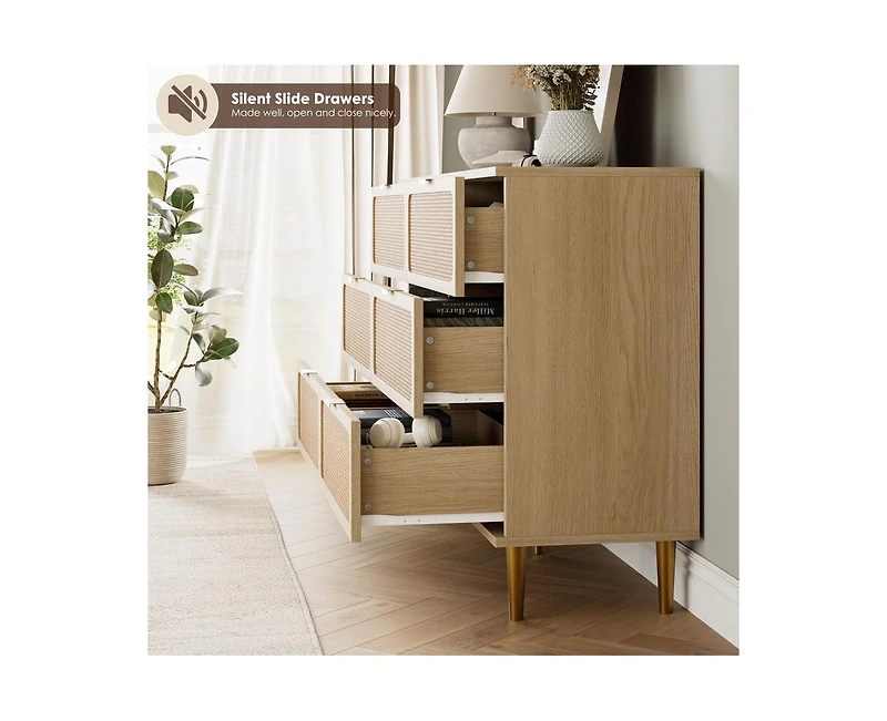 Rattan 6 Drawer Dresser for Bedroom with Wide Top, Large Double Dresser for Closet with Deep Drawers, Wooden Chest of Drawer for Living Room, Entryway