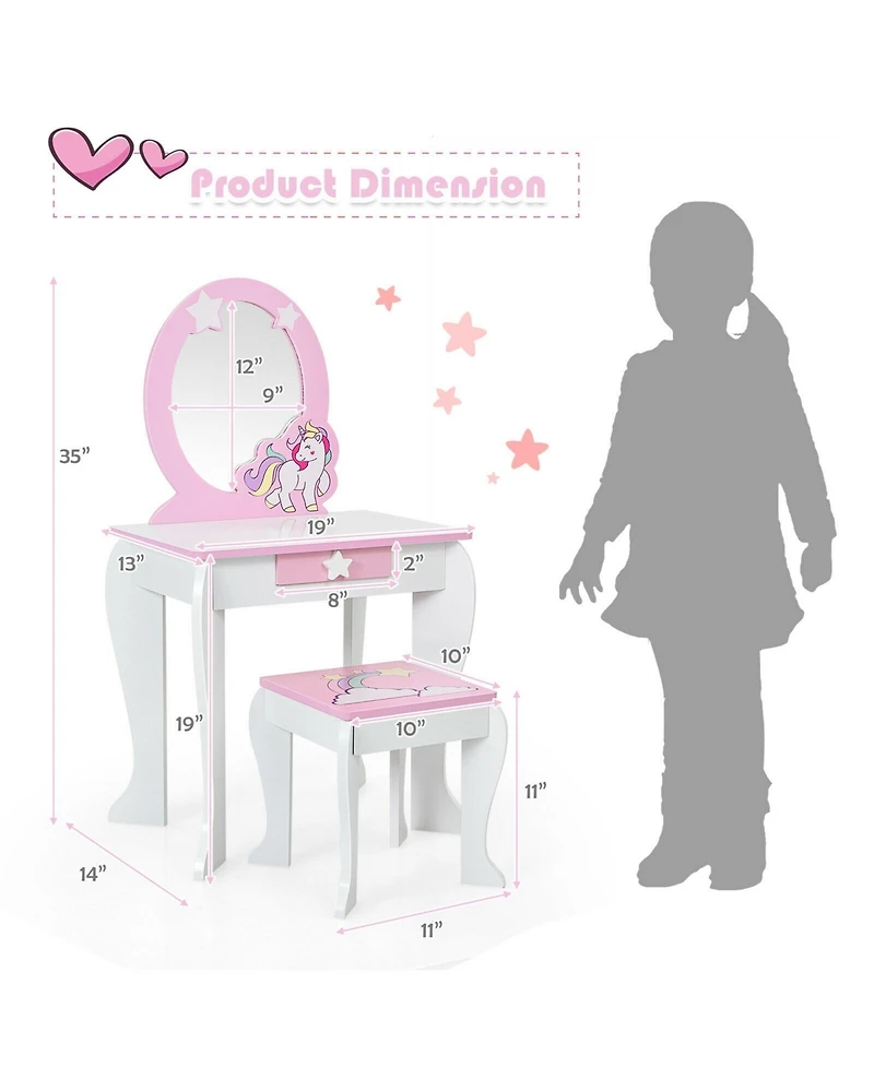 Gouun Kids Vanity Set with Mirror, Drawer, and Chair for Makeup and Dressing