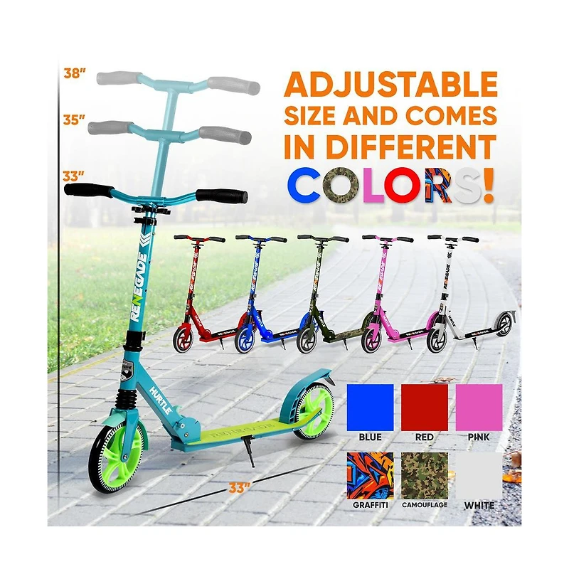 Hurtle Renegade Kick Scooters for Kids Teenagers Adults- 2 Wheel Kids Scooter with Adjustable T-Bar Handlebar - Alloy Anti-Slip Deck