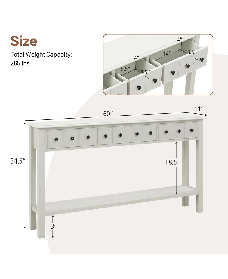 Gouun 60 Inch Long Sofa Table with 4 Drawers and Open Shelf for Living Room