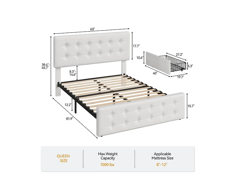 gaomon Queen Size Bed Frame with 4 Storage Drawers and Headboard, Pu Upholstered Platform Bed Frame with Stitched Button Tufted Design