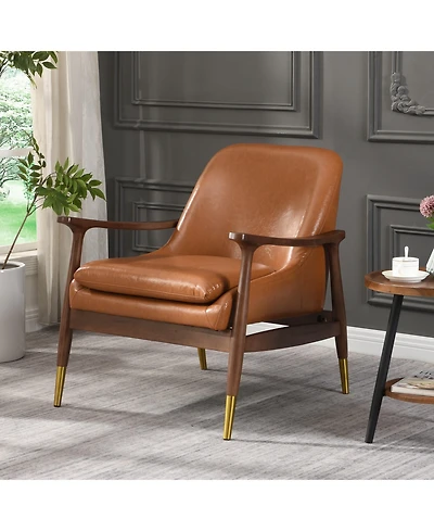 Lovmor 9.2'' Mid-Century Faux Leather Accent Chair with Cushioned Seat, Solid Wood Frame, and Brass-Tipped Legs，Brown