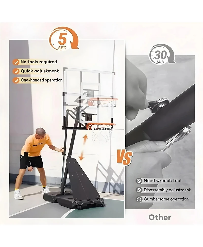 Skonyon 4.8FT-10FT Height Adjustable Portable Basketball Hoop System with 48 Inch Shatterproof Backboard