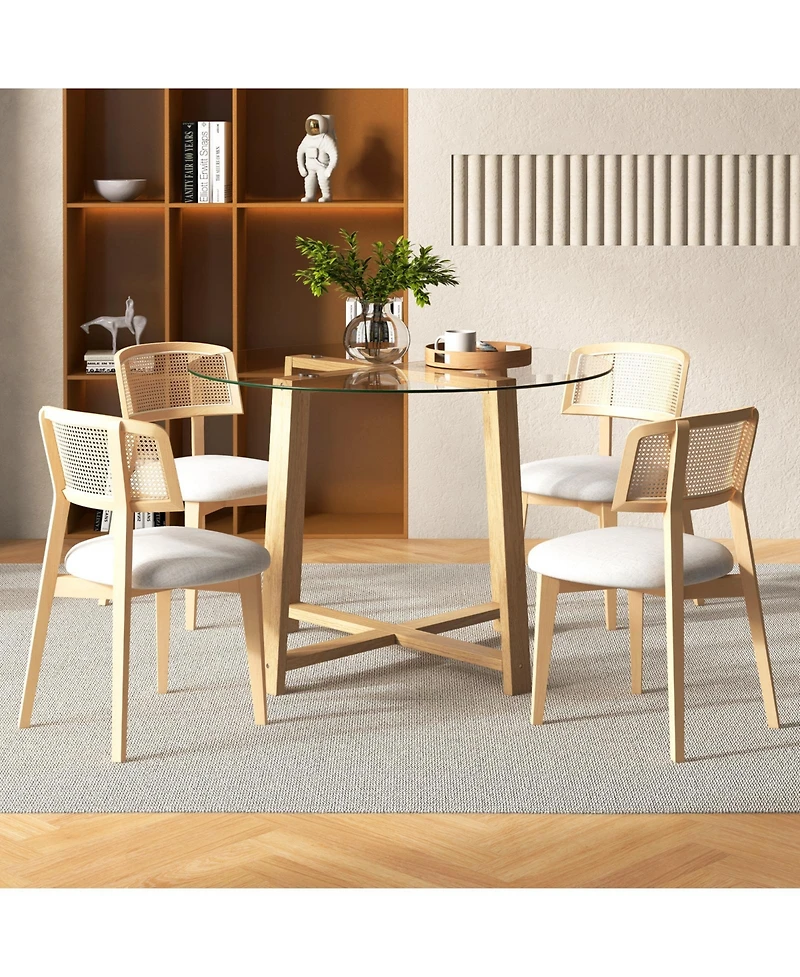 Gouun 42 Inches Round Glass Dining Table with Tempered Glass Tabletop and Rubber Wood Legs