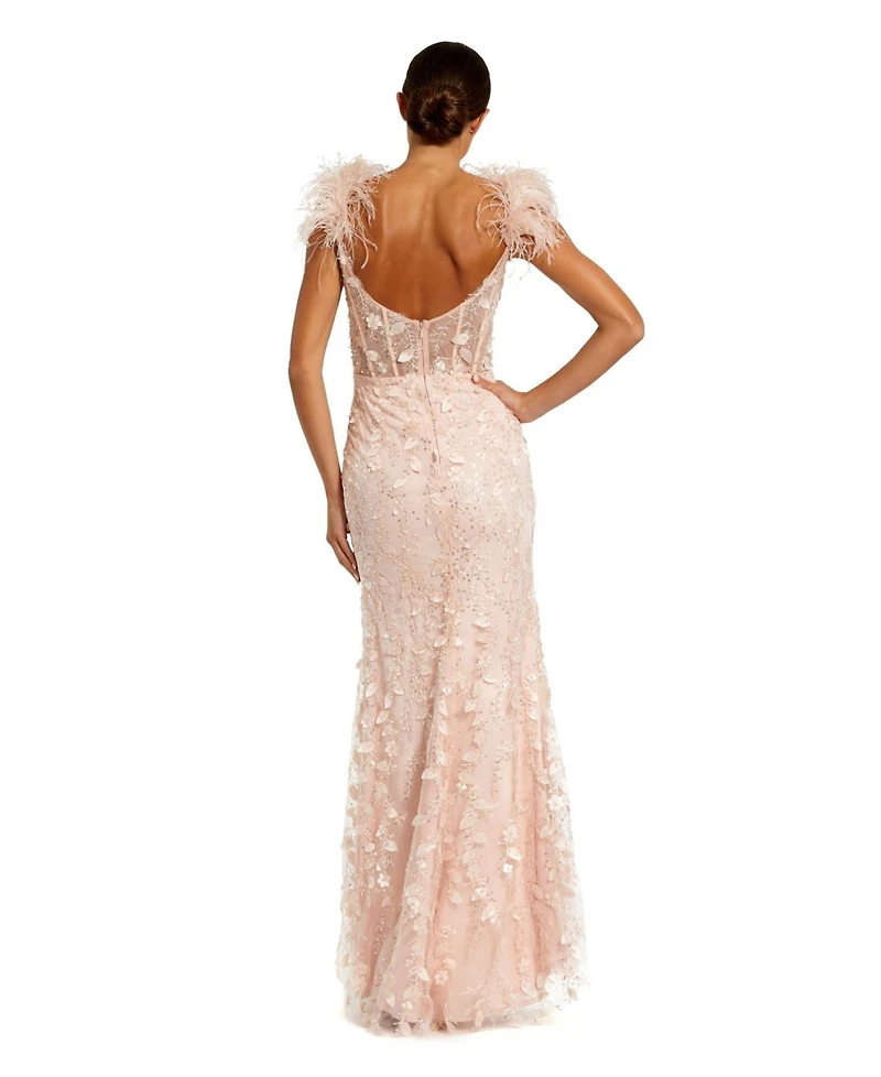 Mac Duggal Women's Sheer Applique Bustier Gown with Feather Straps