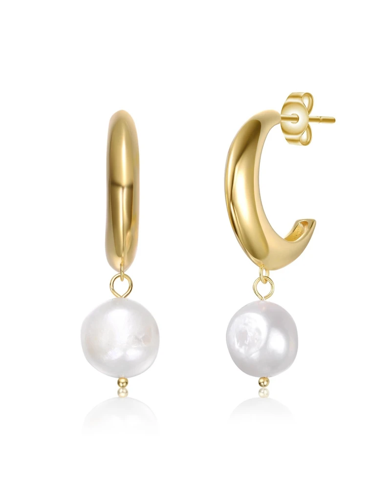Sterling Silver 14K Gold Plated with Freshwater Pearl Dangle Earrings
