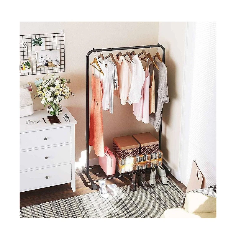 Rolling Garment Rack – Steel Tube Clothes Organizer with Bottom Mesh Shelf for Bedroom or Laundry Room