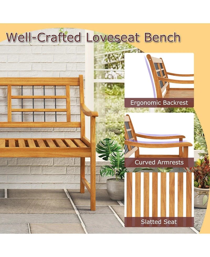 Gouun Patio Acacia Wood Bench with Curved Armrests Slatted Seat and Backrest