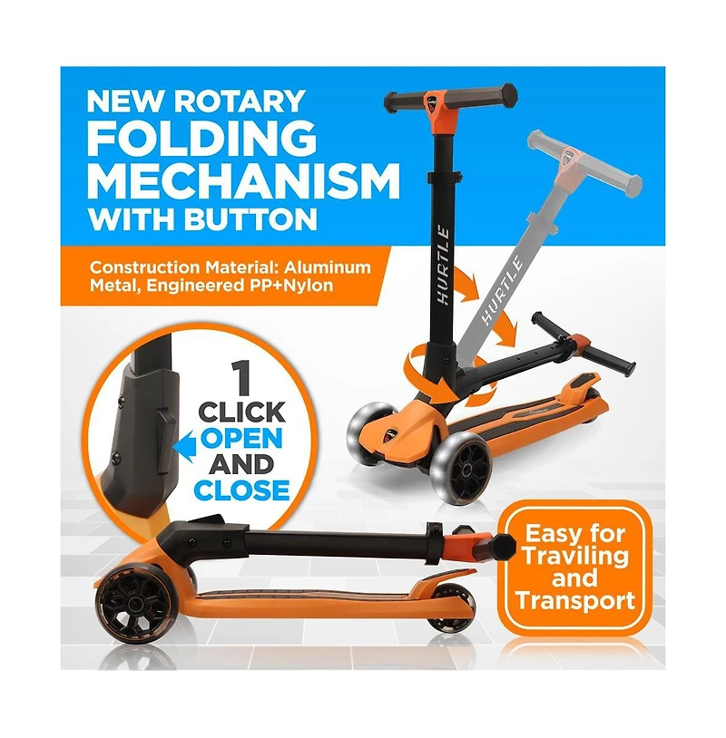 Hurtle 3-Wheel Foldable Kids Scooter With Led Wheel Lights - Orange
