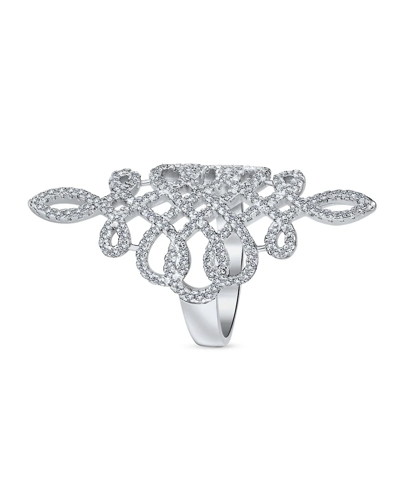 Bling Jewelry Large Pave Cubic Zirconia Art Deco Elegant Full Finger Armor Cz Statement Swirl Infinity Ring Sterling Silver