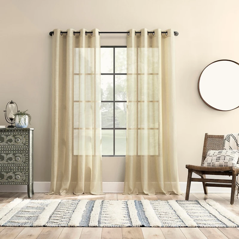Slub Textured Linen Blend Black Grommet Top Curtain