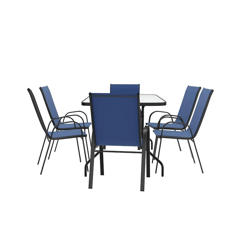 Emma+Oliver Seven Piece Patio Table Set With Metal Tempered Glass Top And 6 Flex Comfort Stacking Chairs