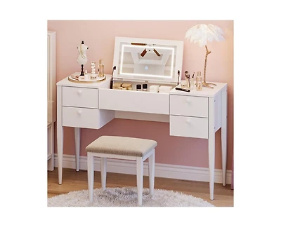 gaomon 47" Makeup Vanity Desk with Flip Top Mirror and Lights, 3 Lighting Mode, 3 in 1 Vanity Table with 5 Drawers
