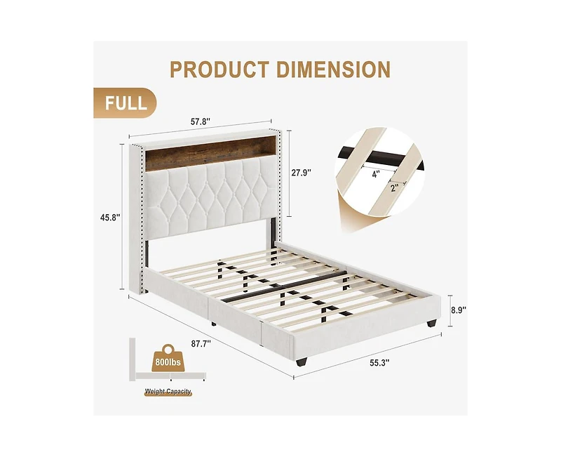 gaomon Full Velvet Upholstered Bed Frame with Storage Headboard and Built-in Charging Station, Smart Led Lights and Nailhead Trim Wingback, Wood Slats