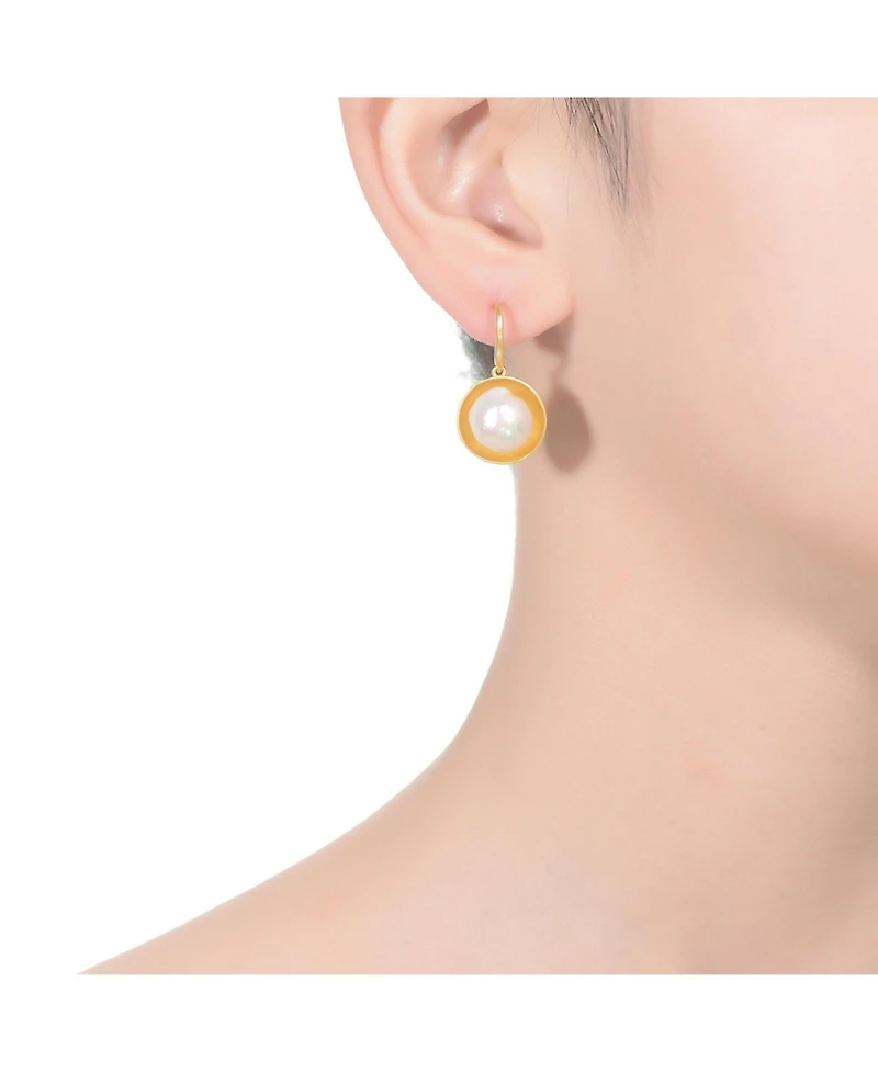 Sterling Silver 14K Gold Plated with Genuine Freshwater Round Pearl Hook Earrings