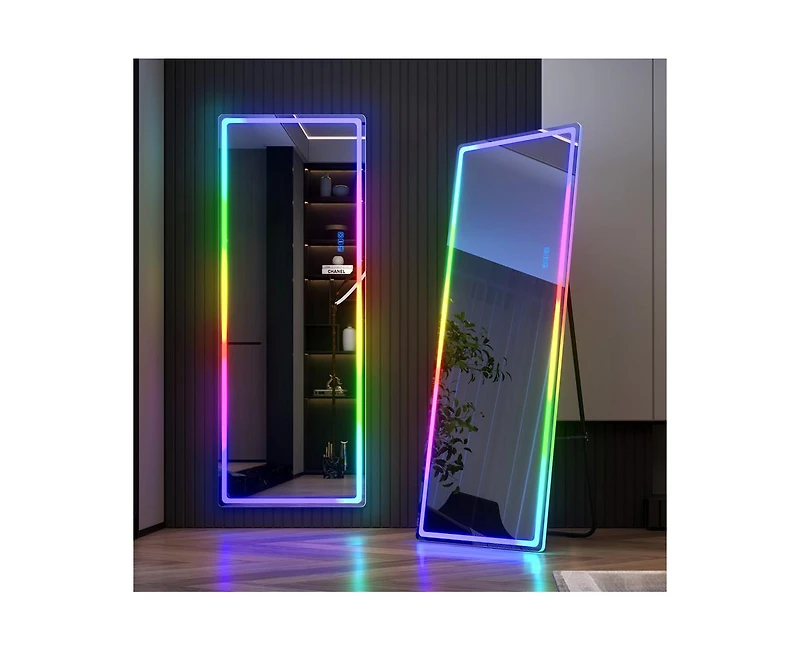 Vlsrka Wall-mounted or freestanding rectangular full-length mirror with adjustable Rgb lighting.