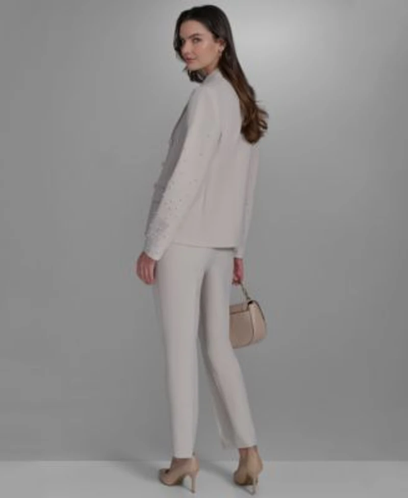 Karl Lagerfeld Paris Womens Open Front Pearl Embellished Jacket Slim Fit Pull On Pants Embellished Neck Sleeveless Knit Top