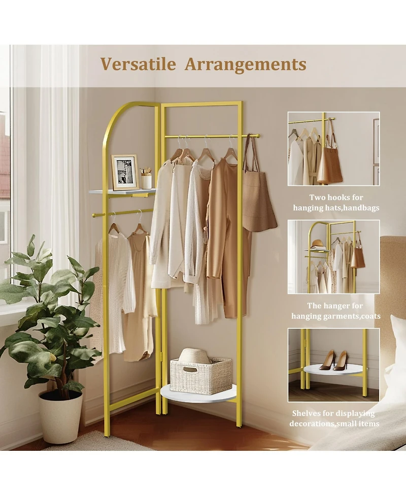 Unho Gold Metal Corner Coat Rack: Garment Rack with 2 Shelves Storage Hanging Clothes