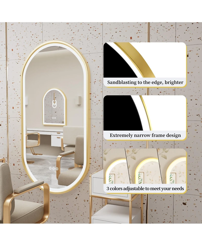 Wisfor Oval Led Bathroom Mirror Gold Frame Makeup Mirror Anti-Fog Stepless Dimming 3 Color
