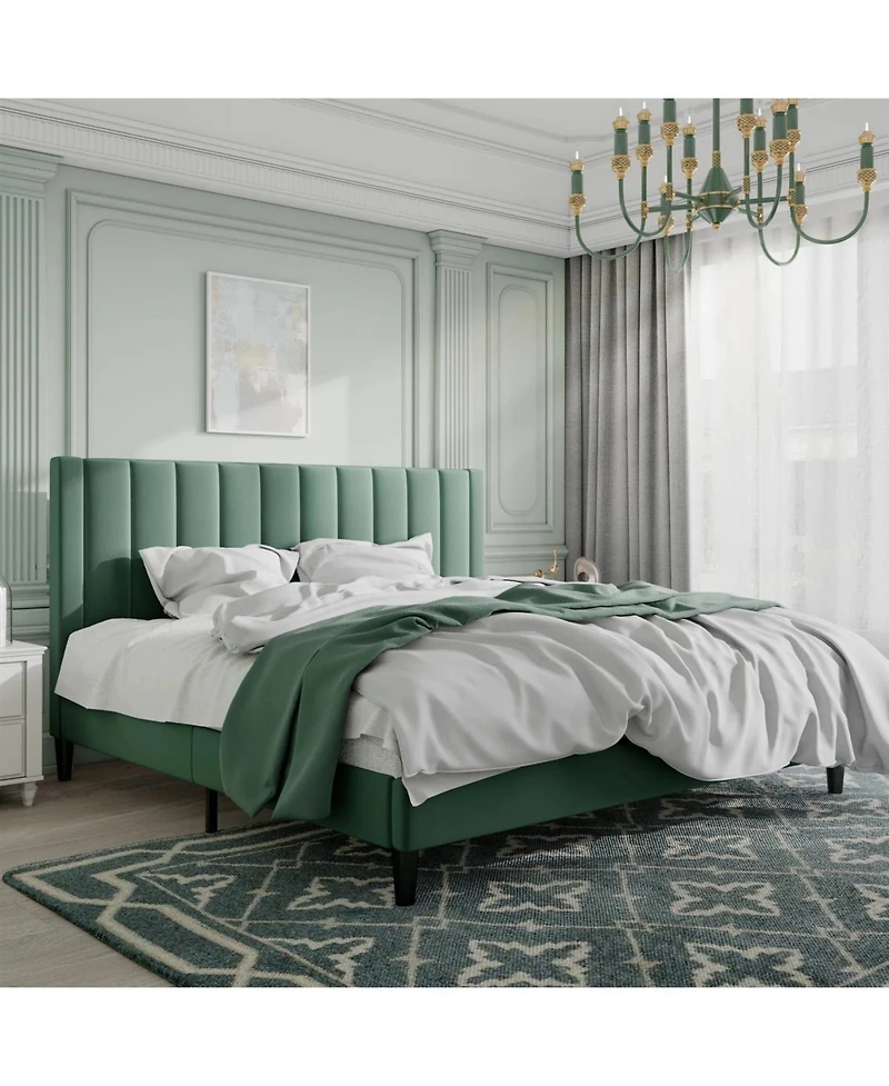 Velvet Upholstered Platform Bed Frame with Headboard – Modern Bed with Wood Slats, No Box Spring Needed