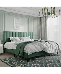 Velvet Upholstered Platform Bed Frame with Headboard – Modern Bed with Wood Slats, No Box Spring Needed