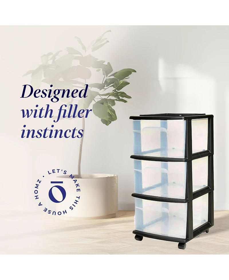 Homz Plastic 3 Drawer Medium Home Storage Container, Clear Drawers & Black Frame