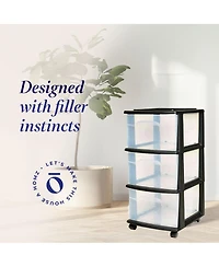 Homz Plastic 3 Drawer Medium Home Storage Container, Clear Drawers & Black Frame