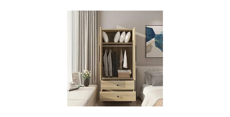 Slickblue Mid-Century 2-Door Armoire Wardrobe Cabinet for Stylish Storage and Bedroom Organization