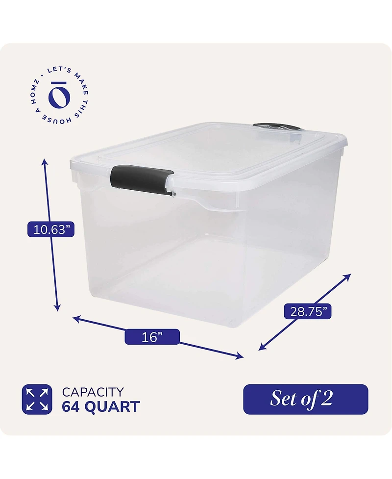 Homz 64Qt Stackable Plastic Storage Bin Container Box w/Latch Lid, Clear(2 Pack)