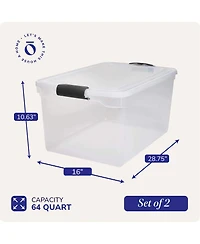 Homz 64Qt Stackable Plastic Storage Bin Container Box w/Latch Lid, Clear(2 Pack)