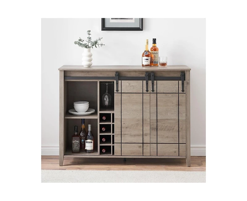 gaomon Wine Bar Cabinet,47" Farmhouse Coffee Bar Cabinet with Sliding Barn Door, Buffet Sideboard Cabinet with 16 Bottle Wine Rack for Dining, Living
