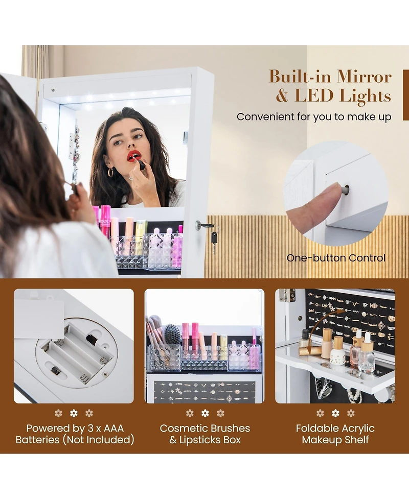 Gouun Lockable 360° Swivel Jewelry Cabinet with Full-Length Mirror Led Lights