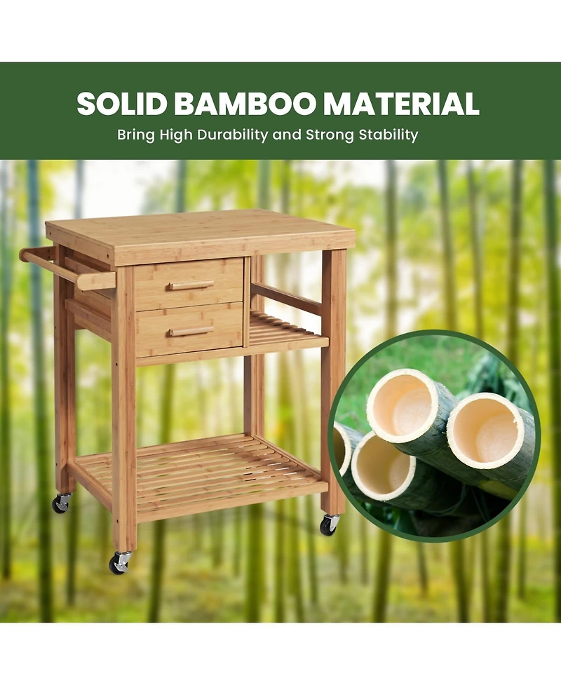Gouun Bamboo Kitchen Trolley Cart with Tower Rack and Drawers